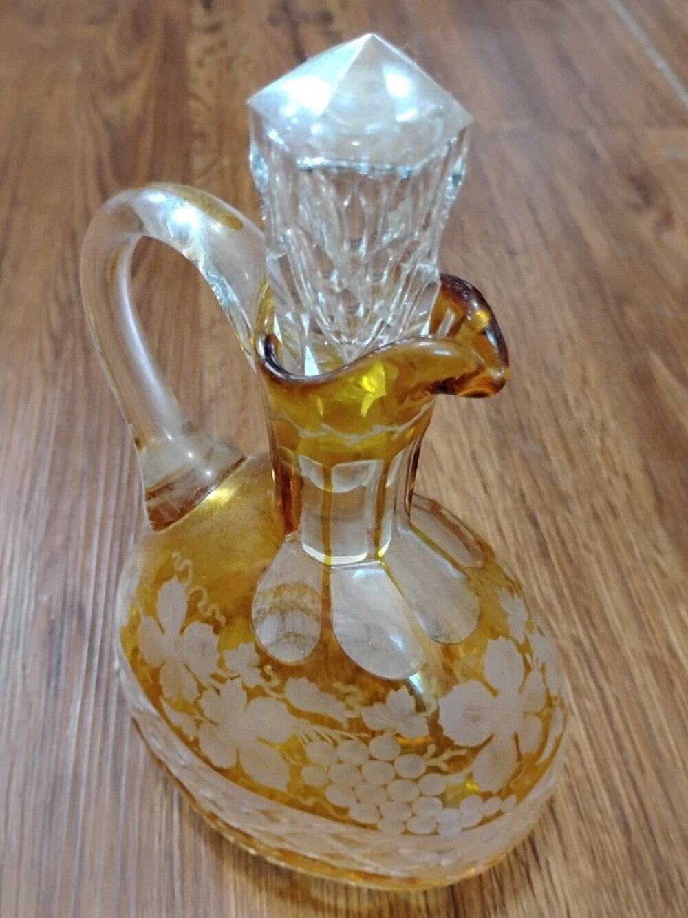 Vintage Bohemian Amber Cut To Clear Glass Carafe Grape Motif